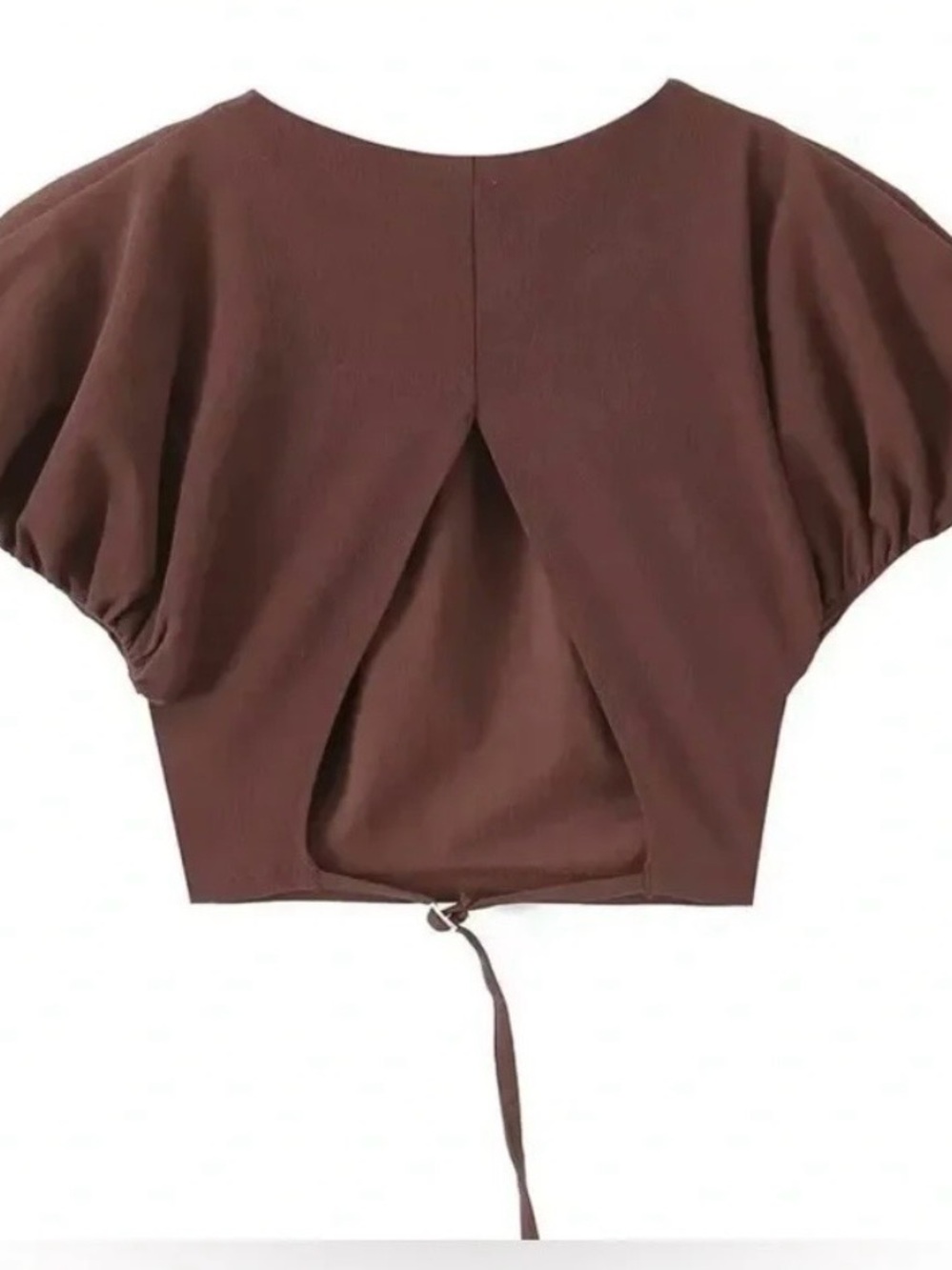 Zara Chocolate Brown Puff-Sleeve Open-Back Crop Top